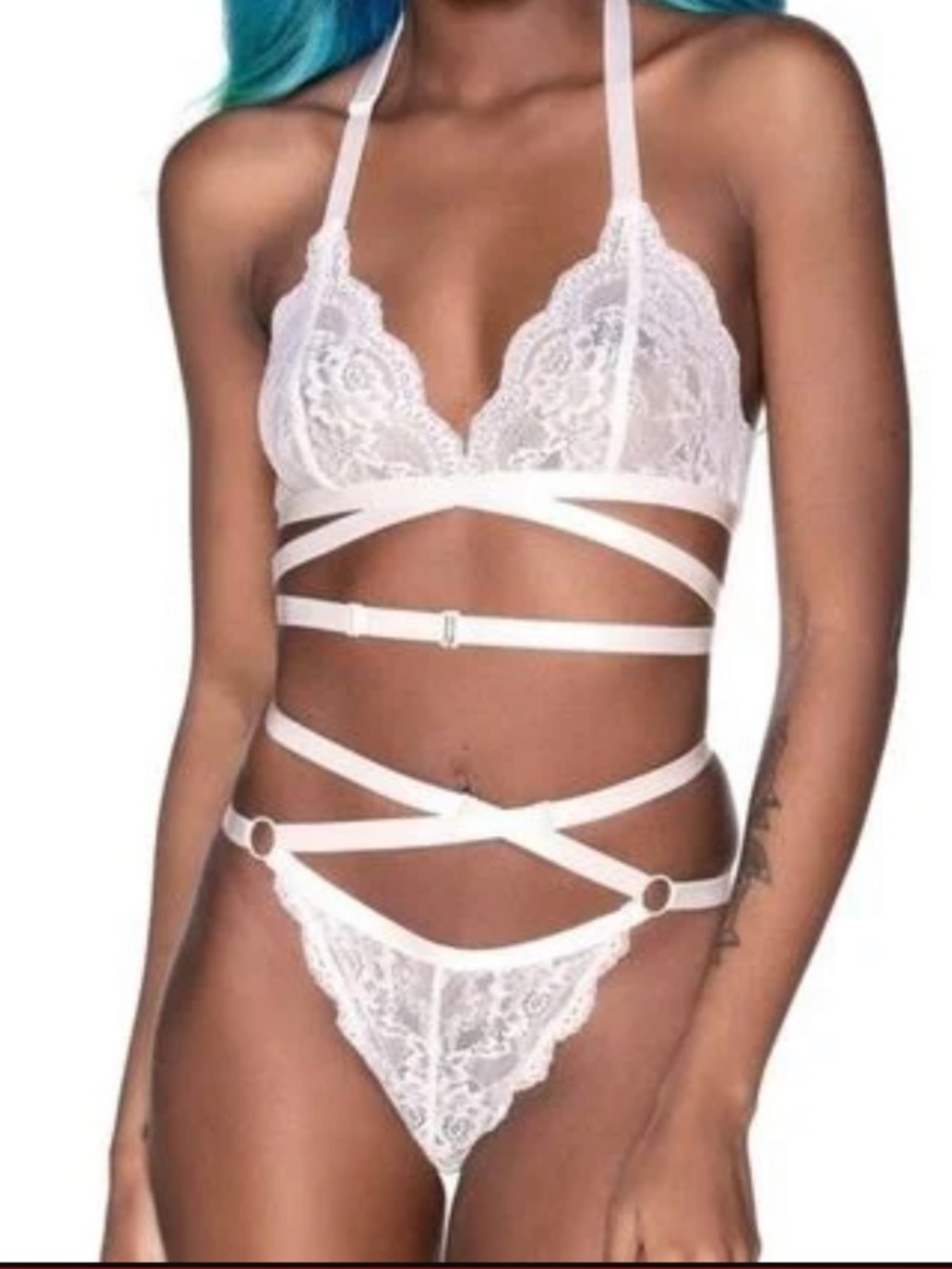 Killstar Sheer Lace Bralette & Strappy Thong Set - Ivory